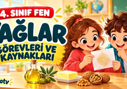 Zeytinyağı, tereyağı ve ceviz yanında kâğıttaki yağ izini inceleyen iki çocuk.