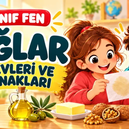 Zeytinyağı, tereyağı ve ceviz yanında kâğıttaki yağ izini inceleyen iki çocuk.