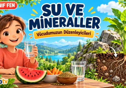Su ve Mineraller başlığı, su içen çocuk, besinler ve topraktaki bitki köklerini gösteren 4. sınıf fen bilimleri görseli.