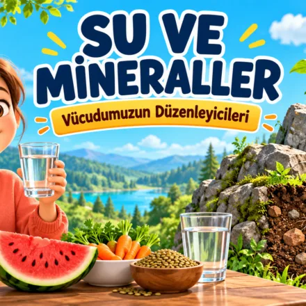 Su ve Mineraller başlığı, su içen çocuk, besinler ve topraktaki bitki köklerini gösteren 4. sınıf fen bilimleri görseli.