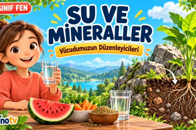 Su ve Mineraller başlığı, su içen çocuk, besinler ve topraktaki bitki köklerini gösteren 4. sınıf fen bilimleri görseli.