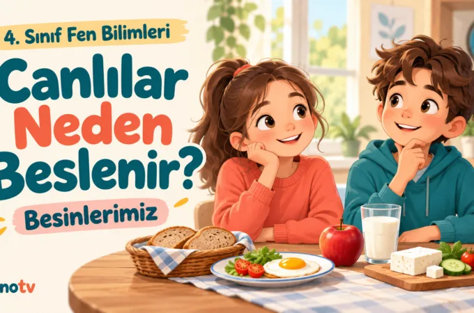 Canlılar neden beslenir konusunu anlatan, kahvaltı sofrasındaki kız ve erkek çocukların yer aldığı 4. sınıf Fen Bilimleri görseli
