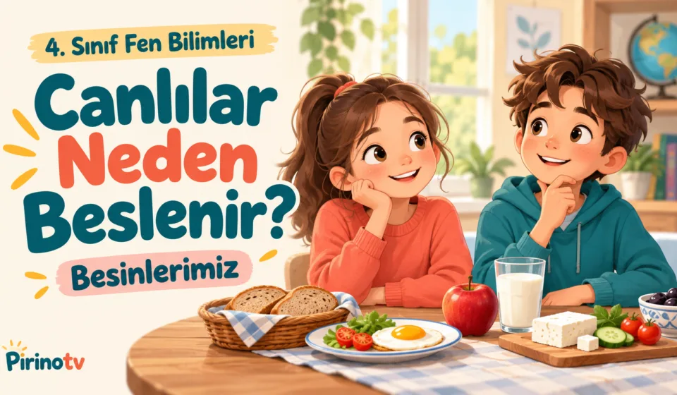 Canlılar neden beslenir konusunu anlatan, kahvaltı sofrasındaki kız ve erkek çocukların yer aldığı 4. sınıf Fen Bilimleri görseli