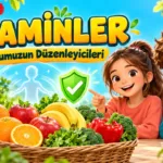 Vitaminler: Vücudumuzun Düzenleyicileri | 4. Sınıf Fen Bilimleri Vitaminler başlığı, meyve ve sebzeler ile iki çocuk karakterin yer aldığı 4. sınıf fen bilimleri görseli.