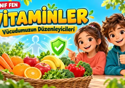 Vitaminler başlığı, meyve ve sebzeler ile iki çocuk karakterin yer aldığı 4. sınıf fen bilimleri görseli.