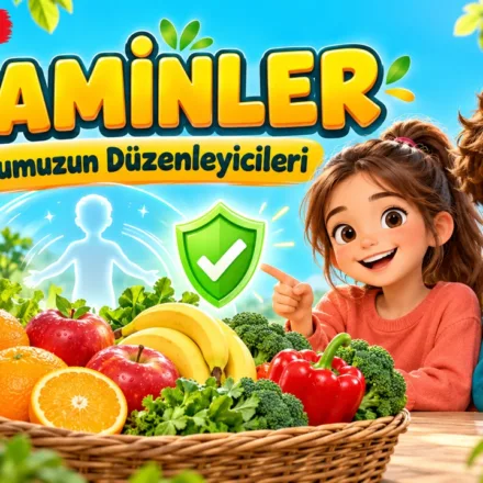 Vitaminler başlığı, meyve ve sebzeler ile iki çocuk karakterin yer aldığı 4. sınıf fen bilimleri görseli.