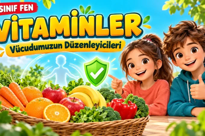 Vitaminler başlığı, meyve ve sebzeler ile iki çocuk karakterin yer aldığı 4. sınıf fen bilimleri görseli.
